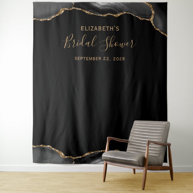 Black Gold Agate Dark Bridal Shower Photo Booth Tapestry (In Situ)
