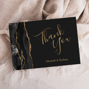 Black Gold Agate Dark Wedding Flat Thank You Card