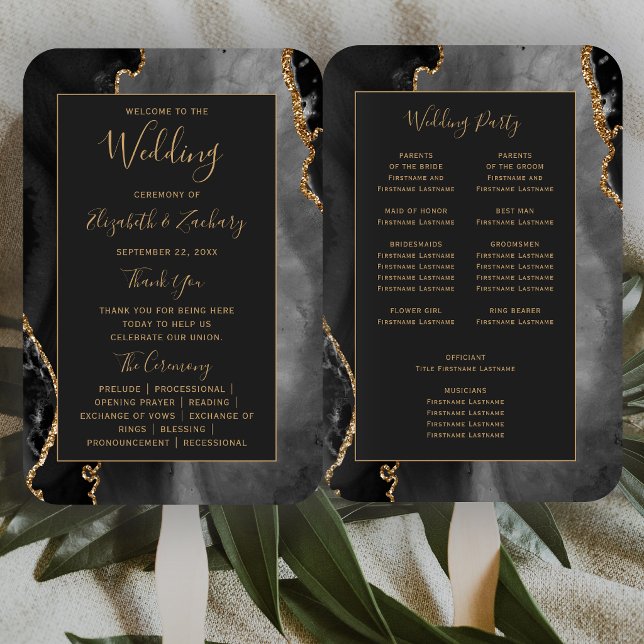 Black Gold Agate Dark Wedding Program Hand Fan (Creator Uploaded)