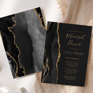  Black Gold Agate Dark Wedding Rehearsal Dinner Invitation
