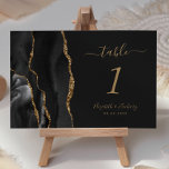 Black Gold Agate Dark Wedding Table Number<br><div class="desc">The left-hand edge of this elegant modern wedding table number card features a black watercolor agate border trimmed with faux gold glitter. The customisable text combines gold coloured handwriting,  and italic and copperplate fonts on an off-black background.</div>