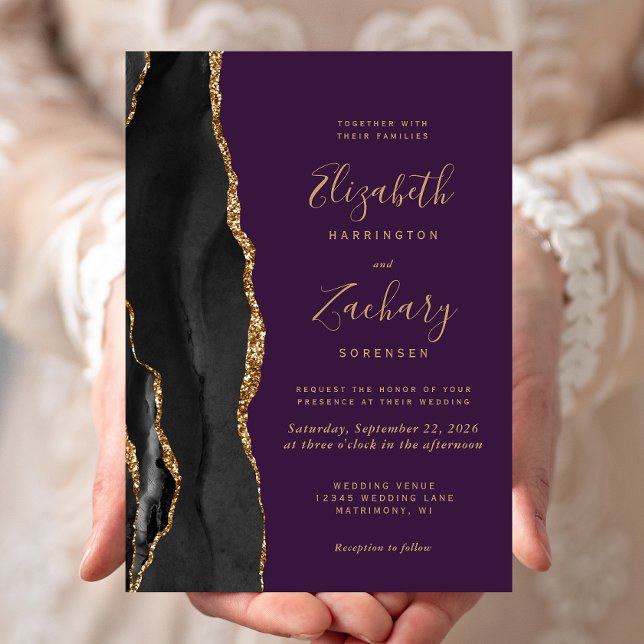 Black Gold Agate Deep Purple Wedding Invitation (Creator Uploaded)
