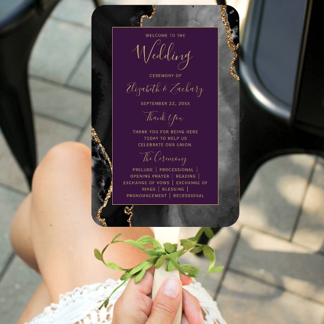 Black Gold Agate Deep Purple Wedding Program Hand Fan (Creator Uploaded)