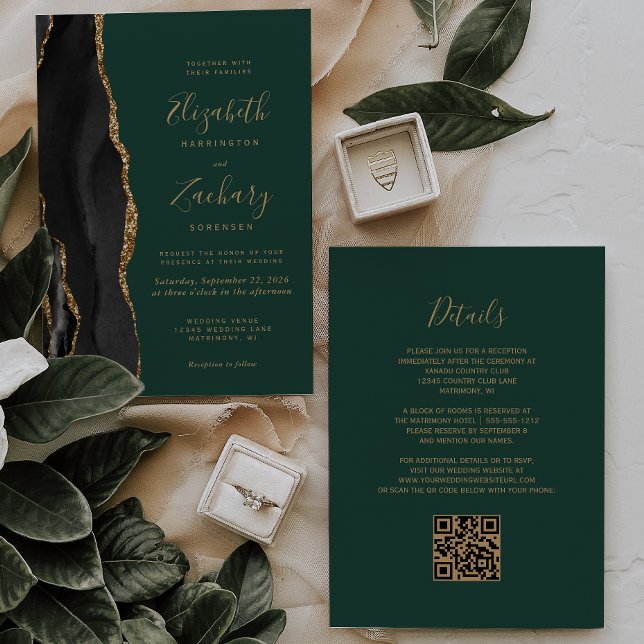 Black Gold Agate Emerald Green QR Code Wedding Invitation (Creator Uploaded)
