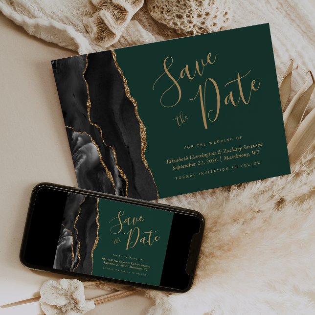 Black Gold Agate Emerald Green Save the Date Invitation (Creator Uploaded)