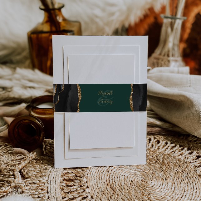 Black Gold Agate Emerald Green Wedding Invitation Invitation Belly Band (Creator Uploaded)