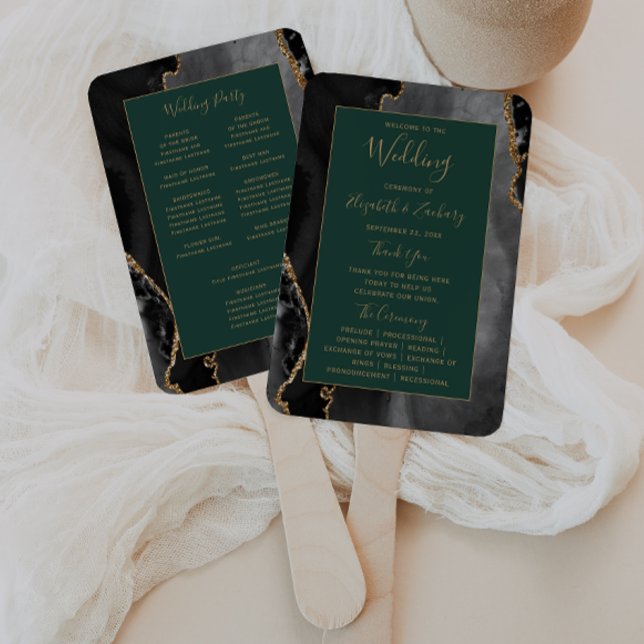 Black Gold Agate Emerald Green Wedding Program Hand Fan (Creator Uploaded)