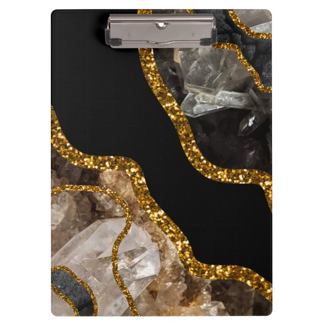 Black & Gold Agate Geode Glitter Clipboard (Front)