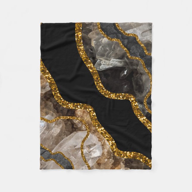 Black & Gold Agate Geode Glitter Fleece Blanket (Front)