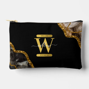 Black & Gold Agate Geode Glitter Monogram Accessory Pouch