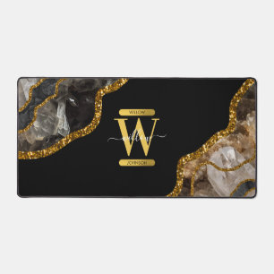 Black & Gold Agate Geode Glitter Monogram Desk Mat