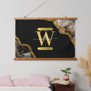 Black & Gold Agate Geode Glitter Monogram Hanging Tapestry