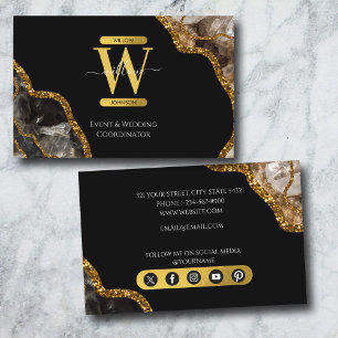 Black & Gold Agate Geode Glitter Monogram Marble Business Card