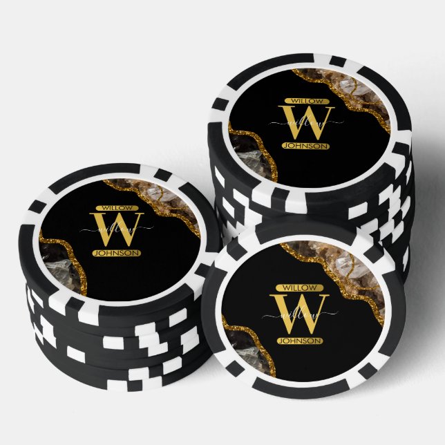 Black & Gold Agate Geode Glitter Monogram Marble Poker Chips (Stack)