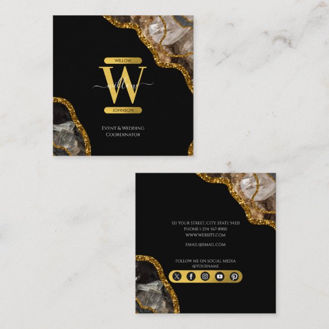 Black & Gold Agate Geode Glitter Monogram Marble Square Business Card (Front/Back)