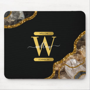 Black & Gold Agate Geode Glitter Monogram Mouse Mat