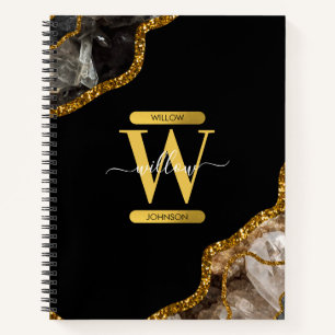Black & Gold Agate Geode Glitter Monogram  Notebook