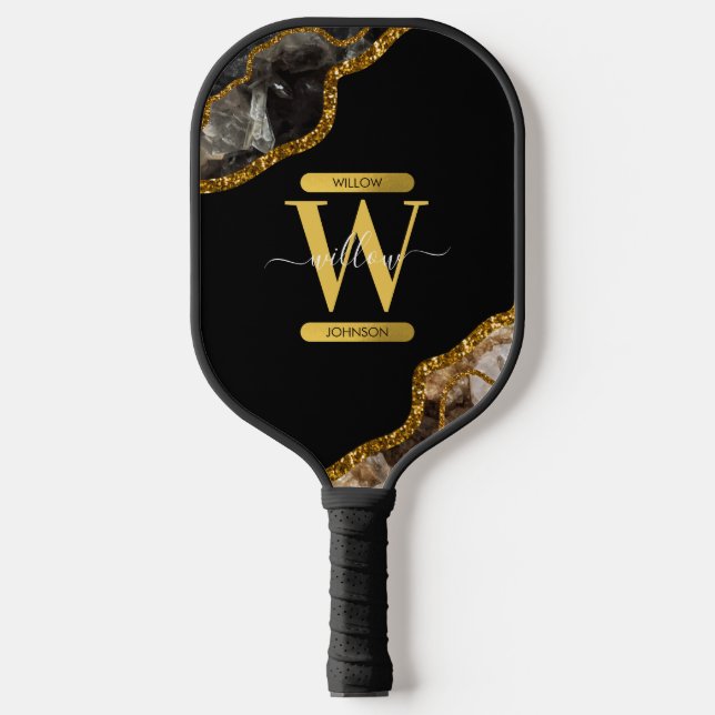 Black & Gold Agate Geode Glitter Monogram Pickleball Paddle (Front)