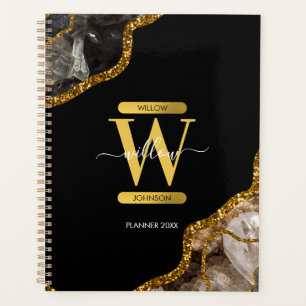 Black & Gold Agate Geode Glitter Monogram Planner