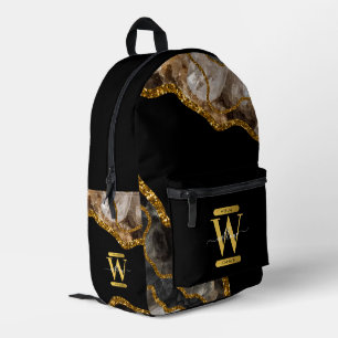 Black & Gold Agate Geode Glitter Monogram Printed Backpack