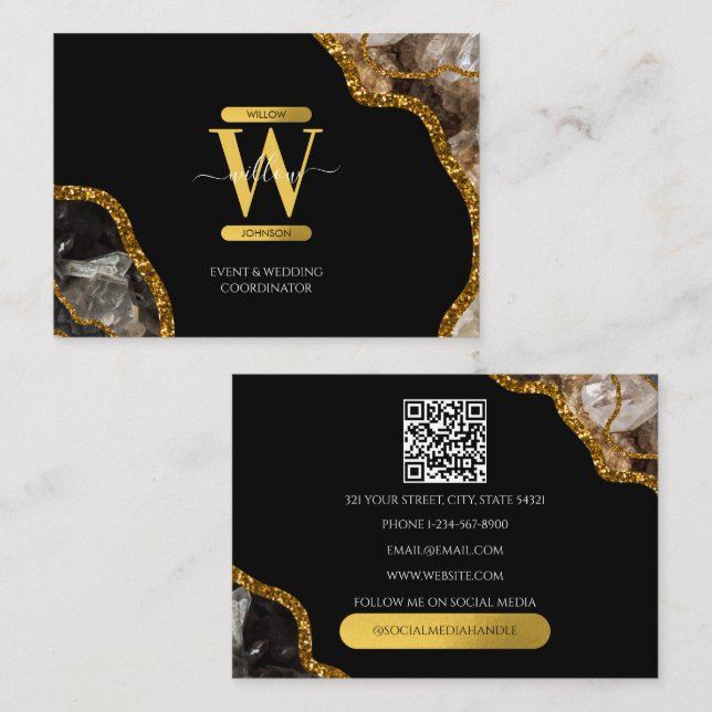 Black Gold Agate Geode Glitter Monogram QR Code Business Card (Front/Back)