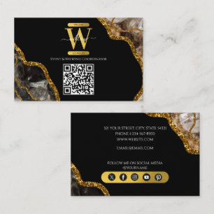 Black & Gold Agate Geode Glitter Monogram QR Code  Business Card