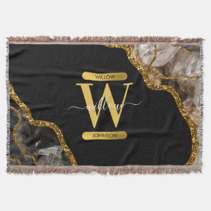 Black & Gold Agate Geode Glitter Monogram Throw Blanket