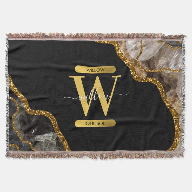Black & Gold Agate Geode Glitter Monogram Throw Blanket (Front)