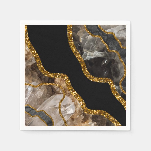 Black & Gold Agate Geode Glitter Napkin (Front)