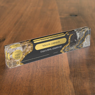 Black Gold Agate Geode Glitter Office Custom Logo Nameplate
