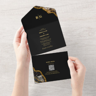 Black & Gold Agate Geode Glitter Wedding All In One Invitation