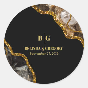 Black & Gold Agate Geode Glitter Wedding Classic Round Sticker