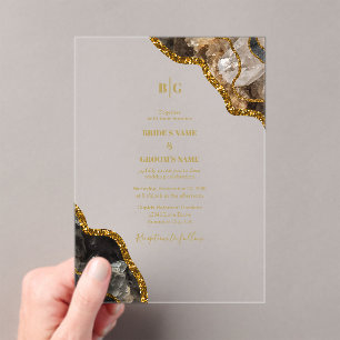 Black & Gold Agate Geode Glitter Wedding Clear Acrylic Invitations