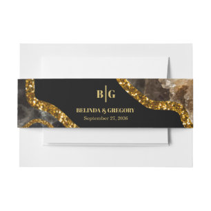 Black & Gold Agate Geode Glitter Wedding Invitation Belly Band