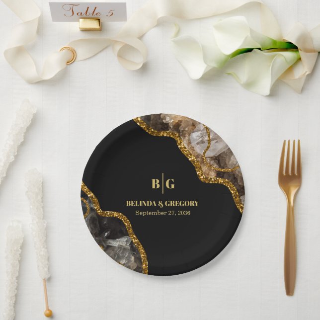 Black & Gold Agate Geode Glitter Wedding  Paper Plate (Wedding)