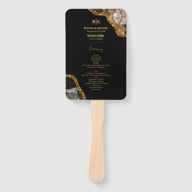 Black & Gold Agate Geode Glitter Wedding Program Hand Fan (Front)