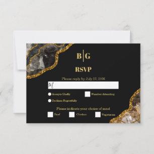 Black & Gold Agate Geode Glitter Wedding  RSVP Card