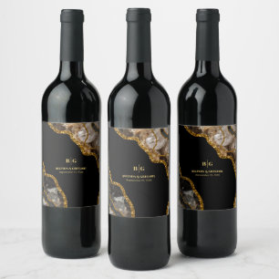 Black & Gold Agate Geode Glitter Wedding Wine Label