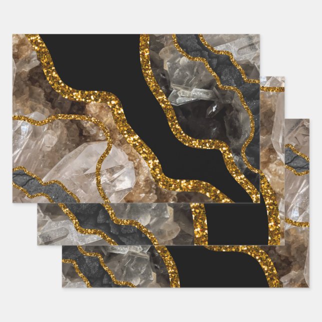 Black & Gold Agate Geode Glitter Wrapping Paper Sheet (Set)