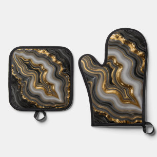 Black Gold Agate Geode Luxury Marble Oven Mitt & Pot Holder Set