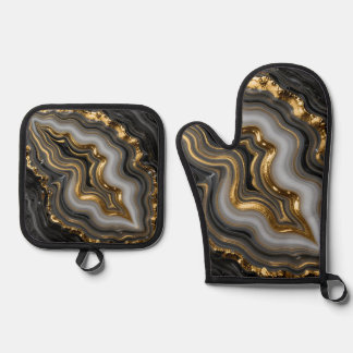 Black Gold Agate Geode Luxury Marble Oven Mitt & Pot Holder Set