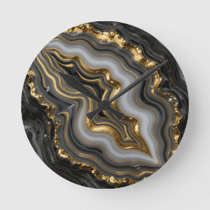 Black Gold Agate Geode Luxury Marble Round Clock