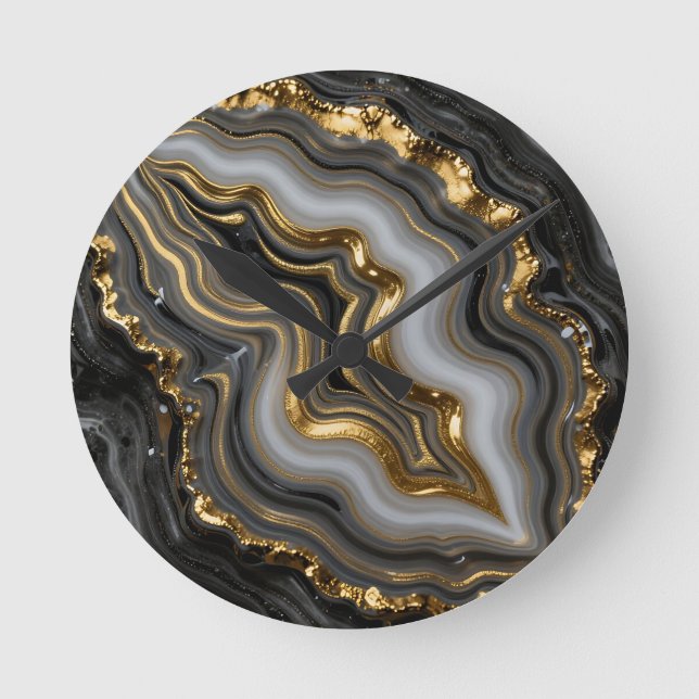 Black Gold Agate Geode Luxury Marble Round Clock (Front)