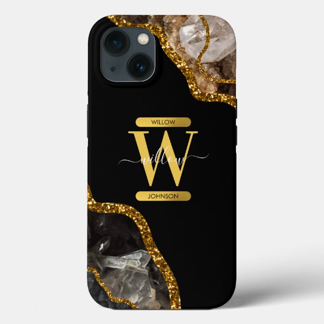 Black & Gold Agate Geode Monogram Case-Mate iPhone Case (Back)