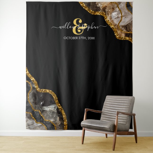 Black Gold Agate Geode Wedding Backdrop Banner  Tapestry (In Situ)