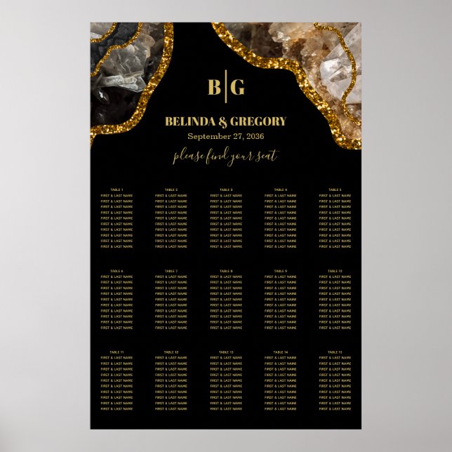Black & Gold Agate Geode Wedding Seating Chart (Front)