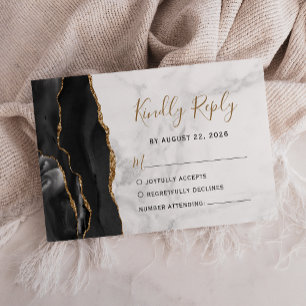 Black Gold Agate Grey Marble Wedding RSVP Card