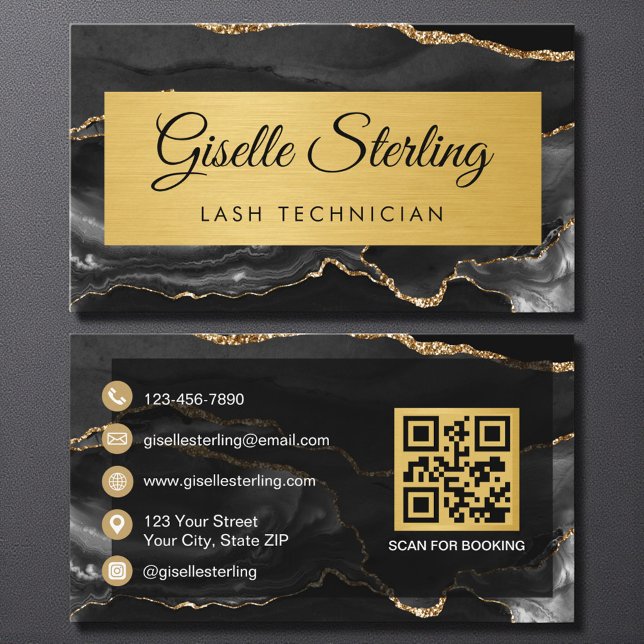 Black Gold Agate Lash Technician Glitter QR Code Business Card (Creator Uploaded)