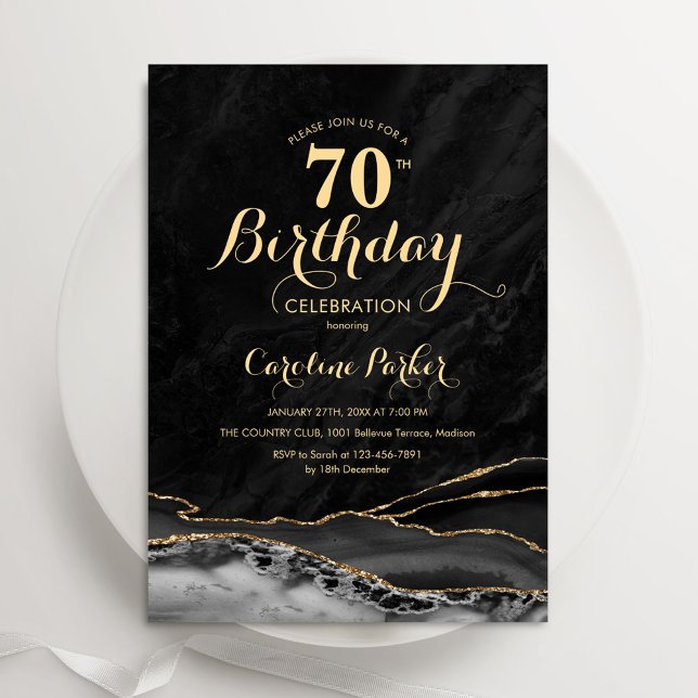 Black Gold Agate Marble 70th Birthday Invitation (Creator Uploaded)