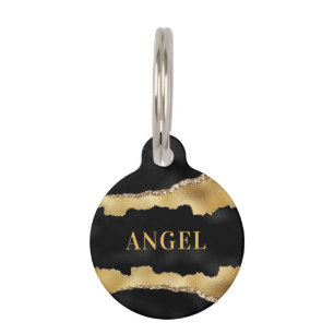 Black gold agate marble elegant name pet tag